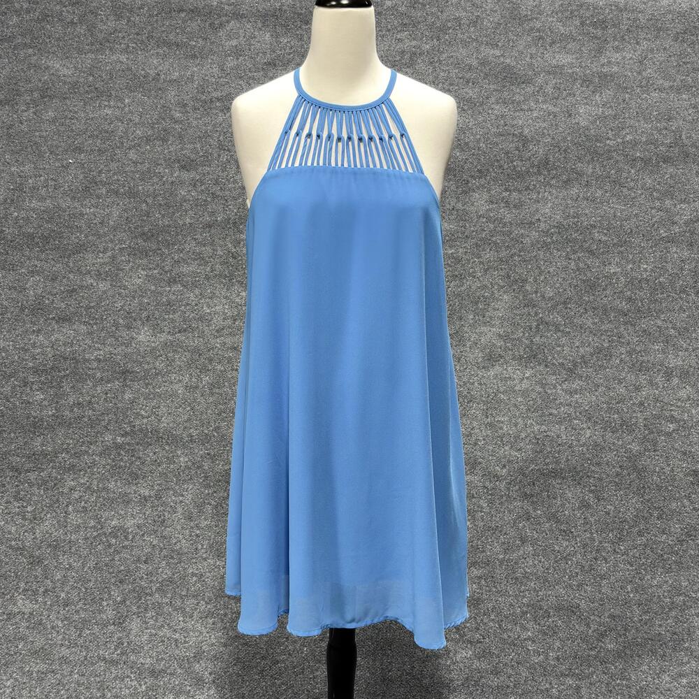 Loveriche Dress Womens Large Blue Halter Swing Sleeveless High Neck Chiffon